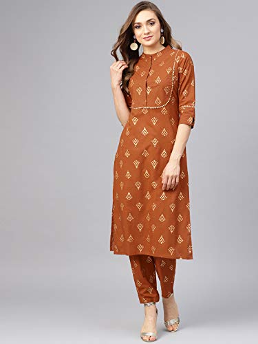 Image of Idalia Mustard Brown Straight Cotton Indian Kurta Set for Women
