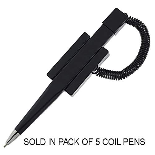 Pack of 5 Counter Coil Corded Wedgy Pen with Adhesive Backing, Black Ink