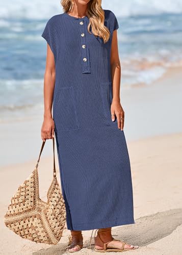Image of KIRUNDO Womens Summer Ribbed Knit Short Sleeve Maxi Dress