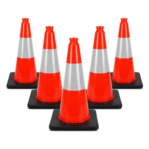 Image of Premium 50CM Unbreakable PVC Traffic Cones Pack of 5 | Heavy Duty Orange Road Safety Cones with Reflective Collar & Weighted Black Base | High Visibility Wind-Resistant