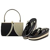 [SOUBIEN] ソウビエン 草履バッグセット 成人式 振袖 厚底 盛装 古典 三枚芯 帯生地 レディース フリーサイズ C 立涌×ブラック/円型(sbn-bzs10095)