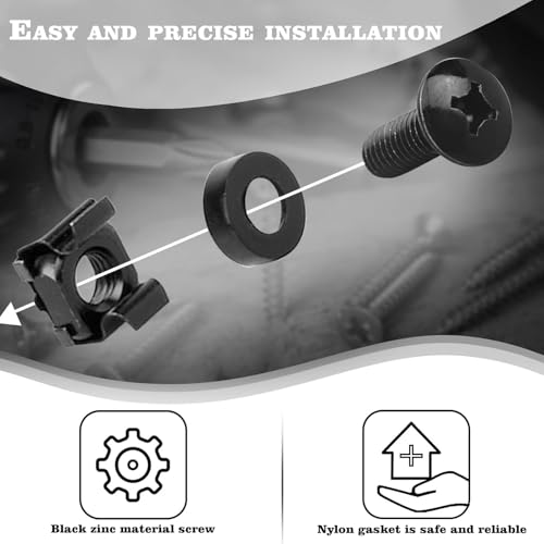 Nivithi SR620 Schrauben M6 x 20 + Käfigmuttern – 50 Sets für 19-Zoll-Rack – Schrauben für Serverschacht, Netzwerkschränke und Installation – Käfigmuttern aus schwarzem Zink für Rack-Verwendung