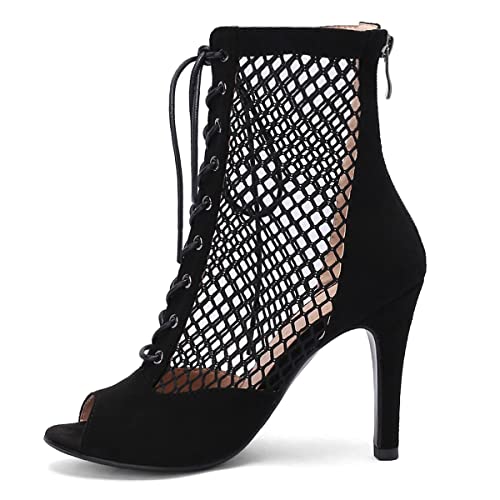 SHEMEE Women's Peep Toe Mesh Stiletto High Heels Ankle Boots Lace Up Summer Fishnet Open-toe Sandals Booties with Back Zipper2