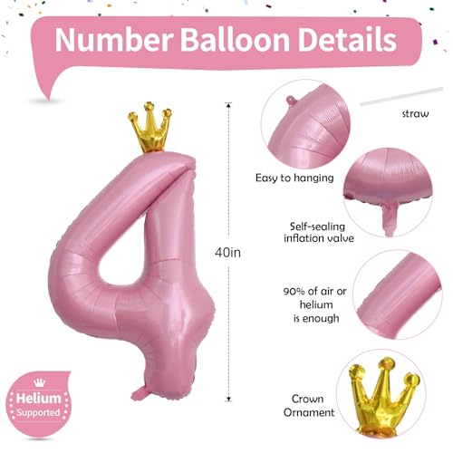 Image of Crown Number Balloons 4 for Kids, Large Pastel Pink Number Balloon 0-9 Set, Foil Self Inflating 40 Inch Balloons for Girls 4th Birthday Party Decor Anniversary New Year Party Decoration Supplies