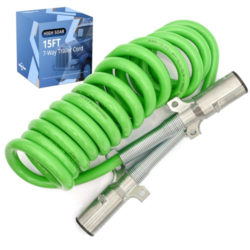 High Soar 7 Way Coiled Trailer Cord 15 FT Green ABS Electrical Power Coil Heavy Duty Extension Cable...