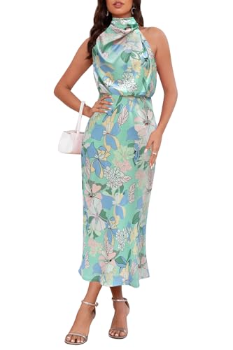 Image of Women's Satin Maxi Dress Summer Formal Wedding Guest Cocktail Dress | Mock Neck Sleeveless,Elegant Silk Midi Long Dress,High Neck,Halter,Aline,Bridesmaid,Bridal Shower Guest,Garden Party,Dinner