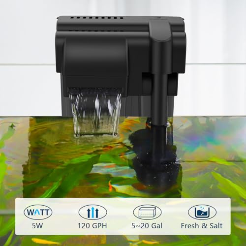 Image of fishkeeper 5W 120GPH Ultra-Quiet Hang On Back Aquarium Filter, <28dB Whisper 4-Stage Biochemical Fish Tank Filter with Waterfall Oxygenation for 5-20Gal Fresh /Saltwater Tanks, w /Two Free Cartridges