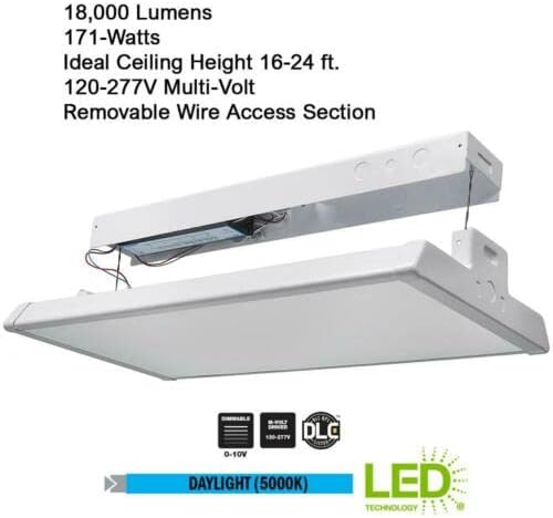 Image showing product specifications: 18,000 Lumens, 171-Watts, Ideal Ceiling Height 16-24 ft., 120-277V Multi-Volt, Removable Wire Access Section, Daylight (5000K) LED Technology