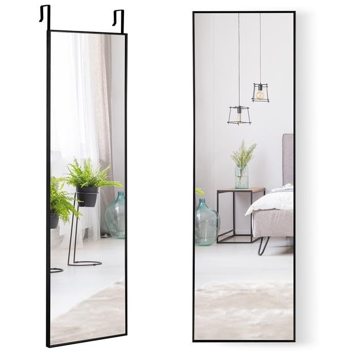 HOMASIS Espejo de Pared y Puerta 37x120cm, Ajustable en Altura con 2 Ganchos, Espejo de Pasillo de Cristal inastillable, Armazón metálico de aleación de Aluminio, para Dormitorio, Pasillo (Negro)