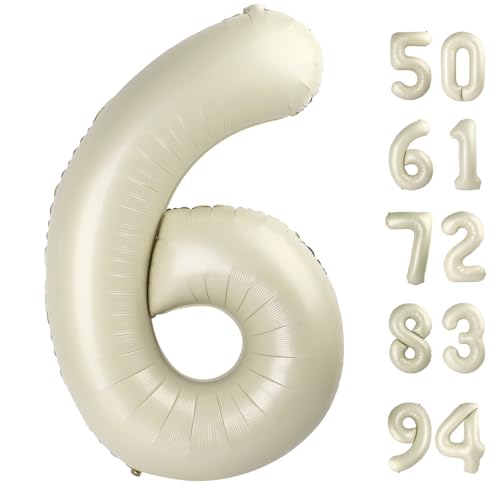 Image of Cream 6 Balloon, Number Balloons 40 Inch, 6th Balloons for Birthday Decorations, Cream White Party Supplies 6 Birthday Balloon, Number 6 Balloon