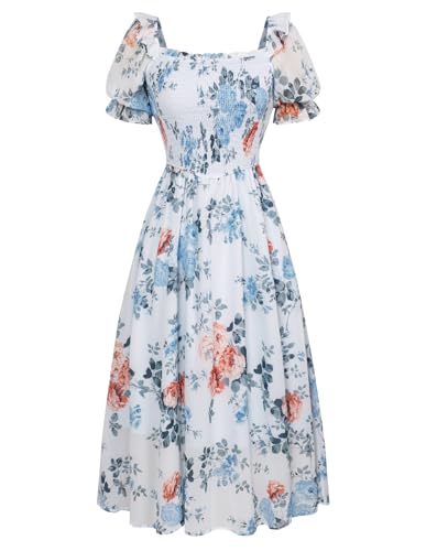 Image of Scarlet Darkness Floral Dress for Women Summer Puff Sleeve Square Neck A Line Flowy Wedding Guest Tea Party Dresses