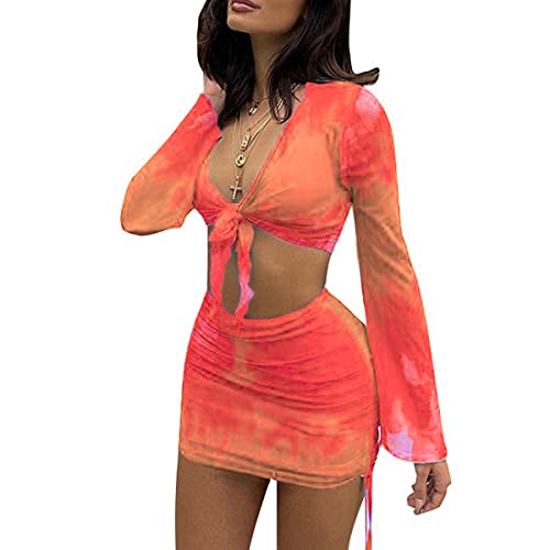 Image of Women's Sexy Long Sleeveless 2 Piece Sheer Mesh Cover Up Dress Crop Top Bodycon Ruched Mini Skirt Sets