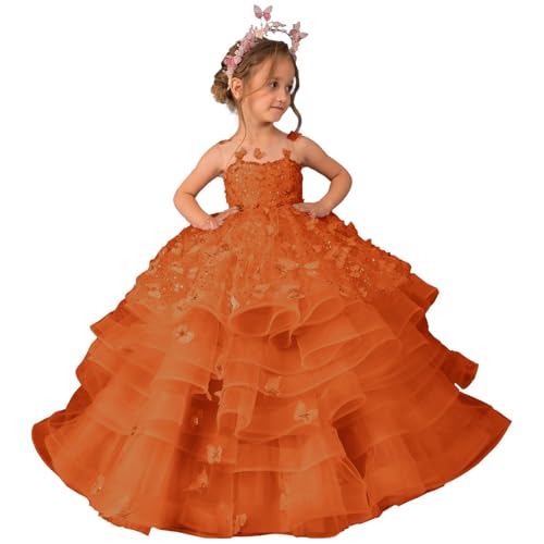 Tulle Flower Girl Dresses Tiered - 3D Butterfly Appliques Princess Pageant Dress Sparkly First Communion Dress