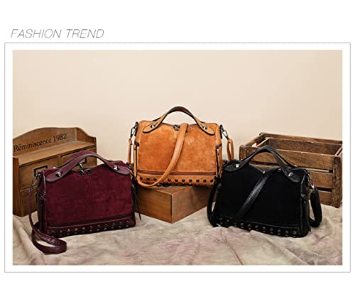 Women's Retro Suede PU Leather Handbag - Shoulder Shopper Work Boston Bag With Rivets - Ladies Crossbody4
