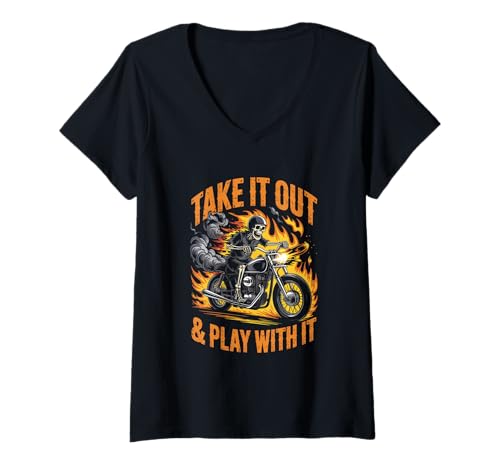 Mujer Sácalo & Juega con él Motocicleta Diciendo Chistes Hombres Mujeres Camiseta Cuello V