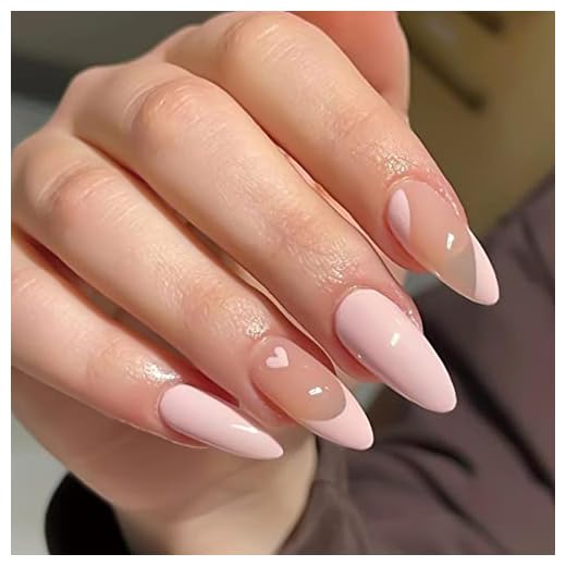 YOSOMK Light Pink Press on Nails Medium Almond Fake Nails Cute Heart Glossy Glue on Nails Artificial False Nails for Women