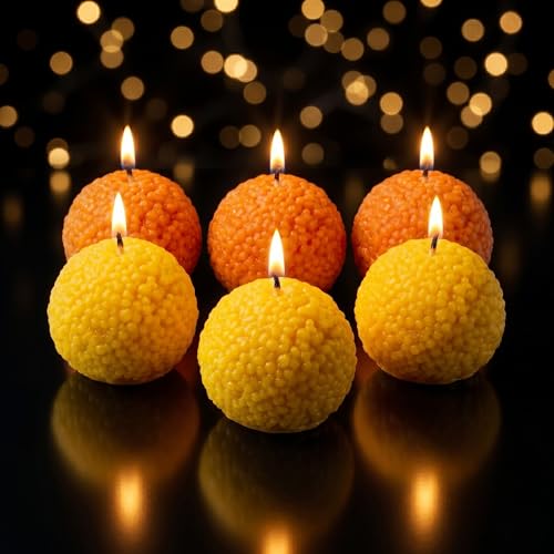 Image of Motichoor Ladoo Scented Candles with Sandalwood Fragrance, Scented Decorative Smokeless Wax Diyas for Diwali, Ganesh Chaturthi, Pooja Decor & Festive Gifting (Pack of 6)