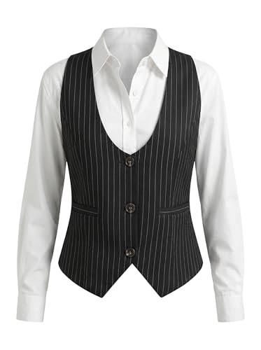 ELLEVEN Vest Tops for Women Business Casual Outfits Plaid Houndstooth Work Office Lightweight Trandy Vest Old Money Vintage Pinstripe Dressy Suit Dark Academia Cloth Black Stripes Medium