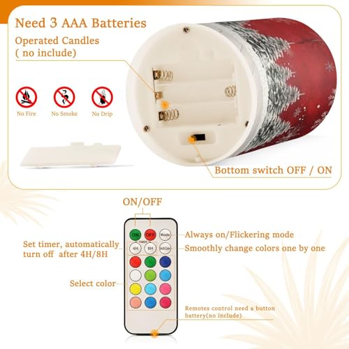 Image of Christmas Lights Flameless Candles Christmas Trees Snowflakes Print Pillar Candles Set of 2 Battery Operated Remote Control Warm Lights Home Decor