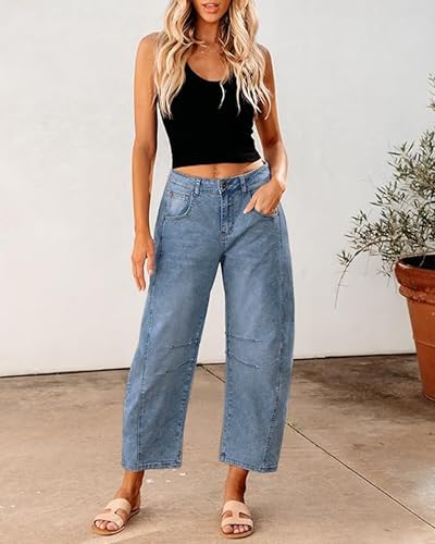 Women's Mid Rise Bucket Wide Leg Vintage Jeans Y2k Boyfriend Baggy Ankle Denim Pants3