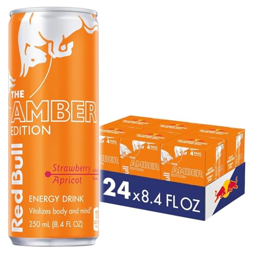 Image of Red Bull Amber Edition Energy Drink, Strawberry Apricot, with 80mg Caffeine plus Taurine & B Vitamins, 8.4 Fl Oz, 6 Packs of 4 Cans (Pack of 24)