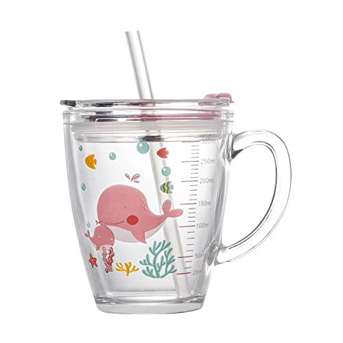 Tasse pour Enfants, Tasse à Lait avec Paille Silicone Verres à Boire Transparent 300 ml avec Échelle Poignée Tasse d'eau Dessin Animé Impression avec Un Couvercle Anti-fuite Mug pour Enfants