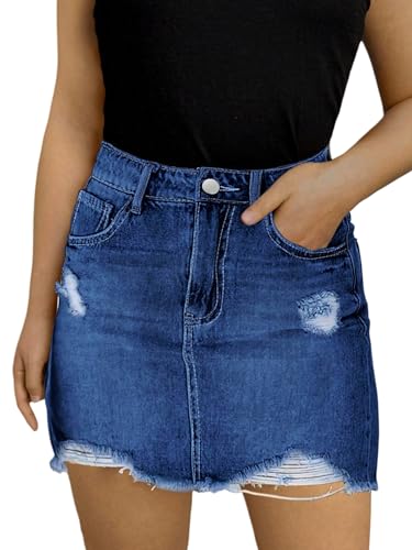 SOLY HUX Damen Denim Rock Jeansrock Kurz Sommerrock mit Taschen Denim Minirock mit Rissen Casual Röcke Freizeitrock Casualrock Dunkelblau S