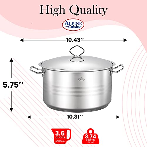 Alpine Cuisine Stainless Steel Pot With Lid 3.6 Quart - Stainless Steel Heavy Duty, Commercial Grade Healthy Cookware Kitchen Dutch Oven, Dishwasher Safe #TOP2