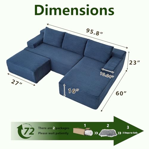 Image of 96.1 inch Modular Sectional Sofa with Ottoman, Modern Corduroy Cloud Couch, Boneless Couch Upholstered 3-Seater U-Shaped Sofa for Living Room, No Assembly (Blue, Right-Facing Chaise)
