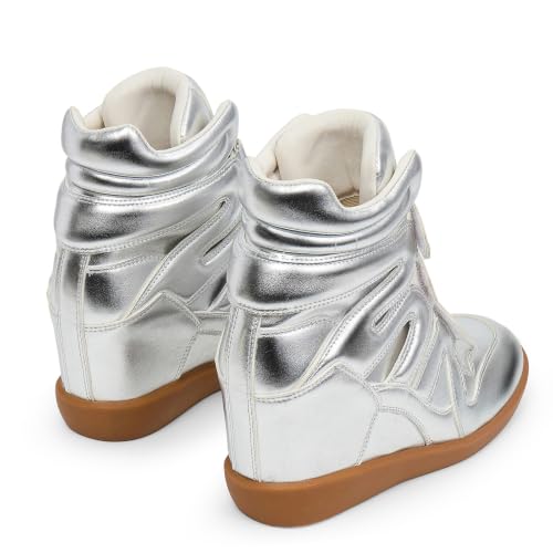 Image of Dsevht Hidden Wedge Sneakers for Women High Top Fashion Sneaker Suede High Heel Platform Tennis Triple Strappy Band Casual Vintage Dressy Comfy Campus Trendy Retro Sneaker