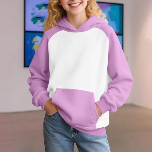 Girls Hoodies Colorblock Raglan Long Sleeve Hooded Pullover Top Casual Sport Fleece Sweatshirt with Pocket 2-15 Years3