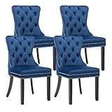 KCC Velvet Dining Chairs Set of 4, Upholstered High-end Tufted Dining Room Chair with Nailhead Back Ring Pull Trim Solid Wood Legs, Nikki Collection Modern Style for Kitchen, Blue