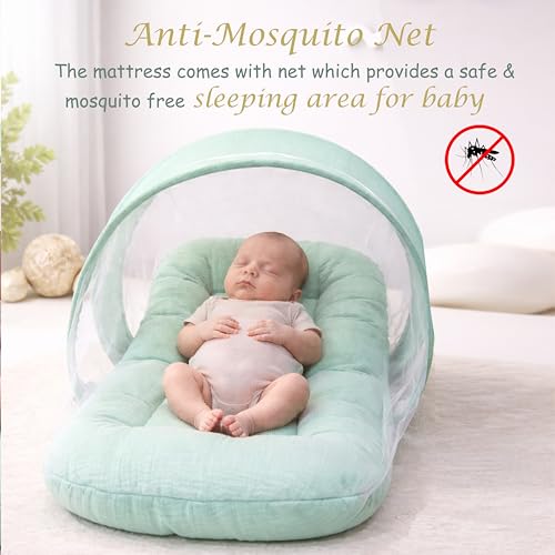 Image of Fareto Newborn Baby 100% Muslin Cotton Sleeping Bag & Mosquito Net &Hand Carry Bed | Safe, Soft & Portable Baby Bed | Baby Bedding Set(0-1 Year) (M Green)