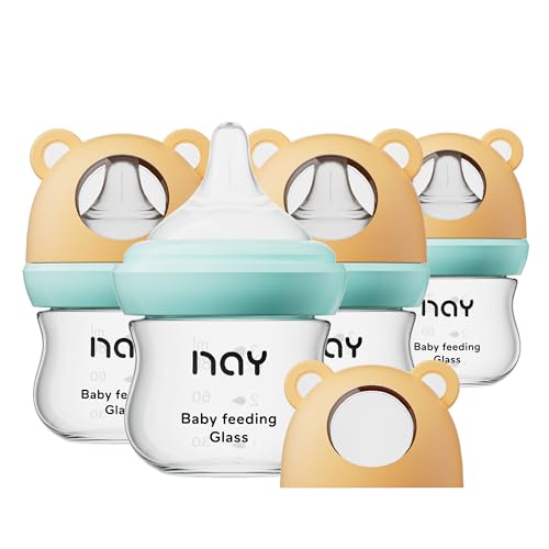 Image of yanyoyo Natural Glass Baby Bottle for Breastfeeding Babies, 3oz Newborn Anti-Colic Baby Bottle with Slow Flow Nipples (SS), Clear, Wide Neck, 4 Pack, 0 Months+