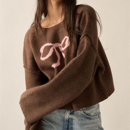 Image of Women Cute Bow Knit Sweater Y2k Long Sleeve Crew Neck Knitted Pullover Top Oversized Going Out Fall Winter Knitwear