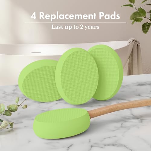 Image of AmazerBath Lotion Applicator for Back, Feet, 4 Replacement Pads with 17 inch Curved Handle, Back Sunscreen Applicator for Kids, Elderly, Apply Skin Cream Medicine Moisturizer Tanner, Soft Grass Green