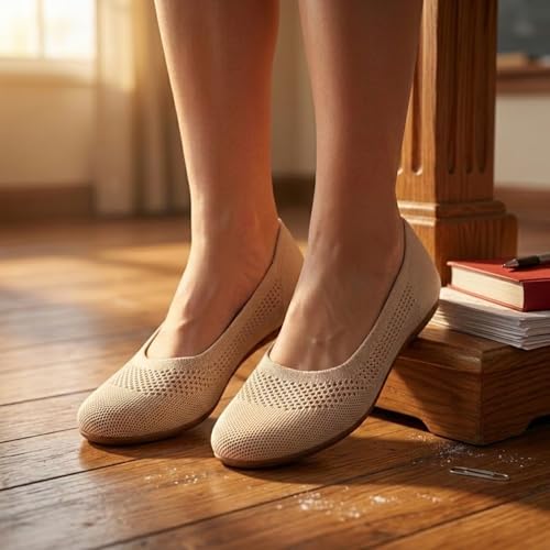 Image of Puxowe Women's Ballet Flats Breathable Knit Slip On Comfortable Round Toe Walking Shoes with Arch Support Insole for Work