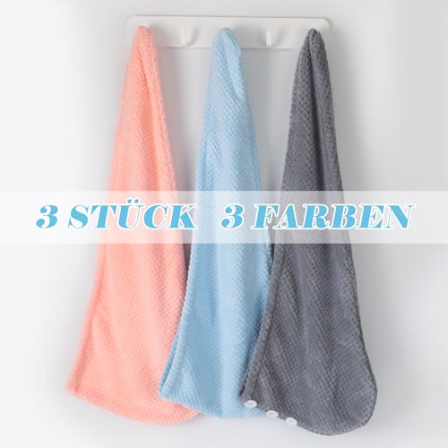 FREATECH Mikrofaser Haare Handtuch mit Waffelstruktur, 3 Stück Schnelltrocknendes Turban Handtuch Haare, Superweiches und Saugfähiges Haarturban mit 3 Knöpfen für Frauen, Kinder, Langes Lockiges Haar