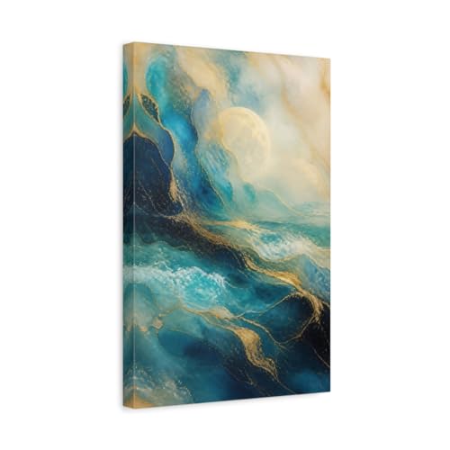 Toile vagues de l'océan bleu et or déco murale salon moderne format 30x45 cm