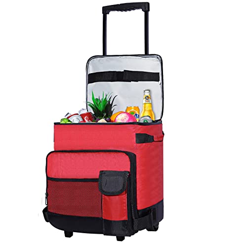 Rolling Cooler with Wheels and Handle, 48 Can Leakproof Insulated Soft Cooler Bag, Collapsible Rolling Cart Trolley, Suitable for BBQ Beach Summer, Camping, Picnics, Hiking