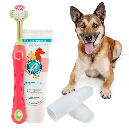 emmi-pet Zahnpflegeset für Hunde - 1x3köpfige Hundezahnbürste mit 1x Hundezahnpasta und 2x Fingerzahnbürste (Pink, Erwachsene - Senioren)
