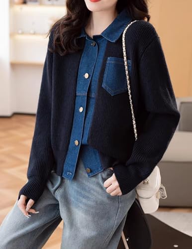 Womens Sweaters Patchwork Denim Sweater Cardigan Long Sleeve Chunky Knit Cardigans Fall Cardigan4
