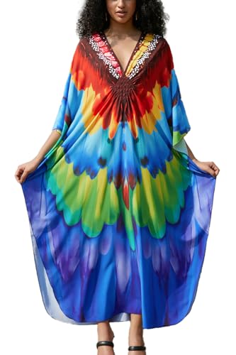 YouKD Womens One Size Caftan Dress; Beach Coverups; Roomy Robe; Bohemian; Floral Printed; Soft Skin Fabric