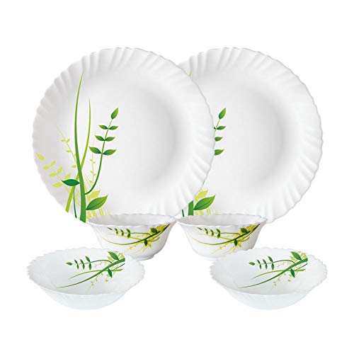 Image of Larah by Borosil Fluted Series Green Herbs Opalware Dinner Set | 6 Piece for Family of 2 | Microwave & Dishwasher Safe | Bone-Ash Free | Crockery Set for Dining & Gifting | Plates & Bowls | White