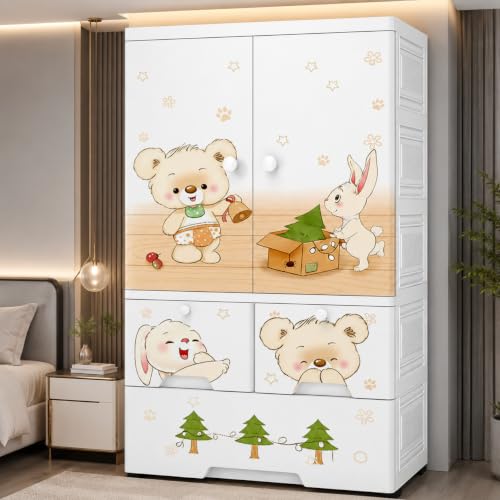 Image of EXVITO Plastic Wardrobe for Cloth with Drawers & Hanging Rod | Baby Cupboard for Clothes Storage | Foldable Collapsible Plastic Almirah for Kids | Cartoon Design Cabinet for Bedroom (3 Door)