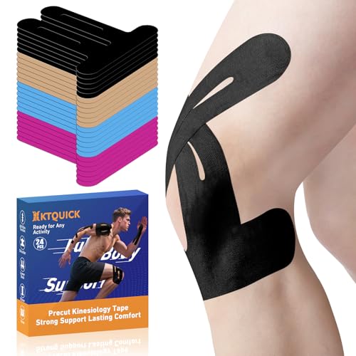 Image of PreCut Kinesiology Tape for Knees, 24PCS 4-Color Mixed Pack (Black, Beige, Blue, Pink), KTQUICK Knee Tape for Knee Pain Relief Pre Cut, Original Cotton Tape, Waterproof & Hypoallergenic Latex-Free