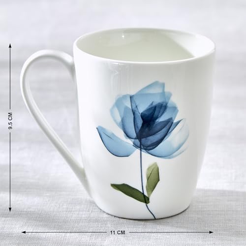 Image of Home Centre - Lucas Cobalt Bone China Floral Print Coffee Mug | Bone China Coffee Mug | Lucas Cobalt Mug | Dishwasher Safe Mug - White / 340ml