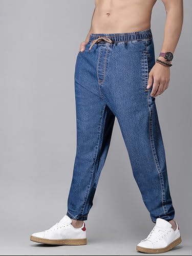 Image of Men's Comfort Fit Denim Lycra Joggers Jeans Stretchable High Rise Relaxed Fit Available in Dark Blue Navy Blue Light Blue Full Length Soft Fabric Machine Wash