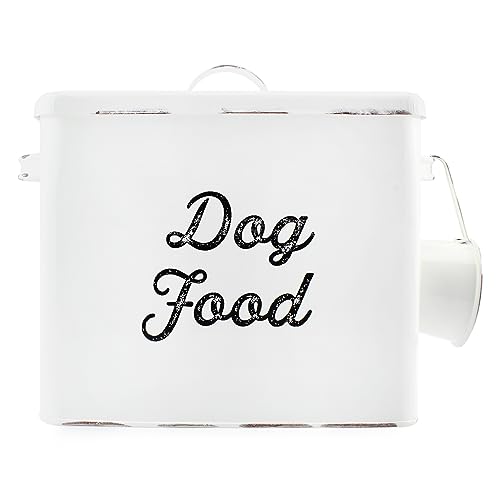 AuldHome Design Rustic Dog Food Canister, White Farmhouse Style Storage Bin for Small Dogs