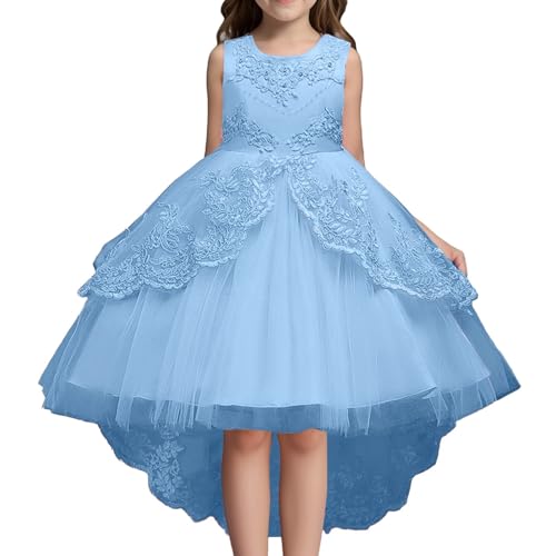Girls Party Dresses Sleeveless Lace Knee-Length Dress with Train Flowy Tulle Princess Ball Gown for Wedding Dress